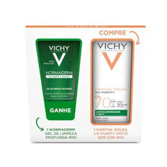 Kit Vichy Protetor Solar Facial Idéal Soleil UV-Purify + Gel de Limpeza Profunda Normaderm   FPS 70 - 120 g  + 25 mL