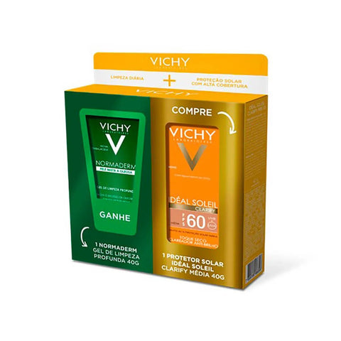Kit Vichy Protetor Solar Idéal Soleil Clarify + Gel de Limpeza Normaderm  Médio - FPS 60 - 50 g + 40 g