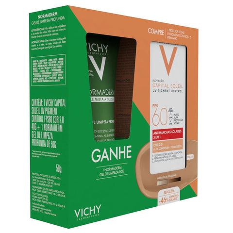 Kit Vichy Protetor Solar UV Pigment Control + Gel de Limpeza Facial Profunda Normaderm  Cor 2.0 - FPS 60 - 40 g + 50 g