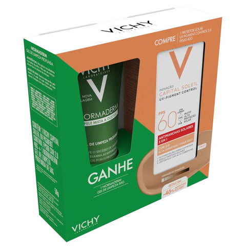 Kit Vichy Protetor Solar UV Pigment Control + Gel de Limpeza Facial Profunda Normaderm  Cor 2.0 - FPS 60 - 40 g + 50 g