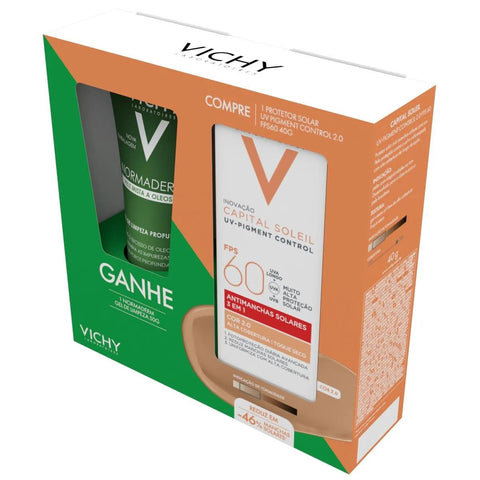 Kit Vichy Protetor Solar UV Pigment Control + Gel de Limpeza Facial Profunda Normaderm  Cor 2.0 - FPS 60 - 40 g + 50 g