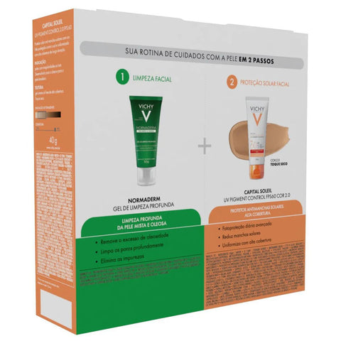 Kit Vichy Protetor Solar UV Pigment Control + Gel de Limpeza Facial Profunda Normaderm  Cor 2.0 - FPS 60 - 40 g + 50 g
