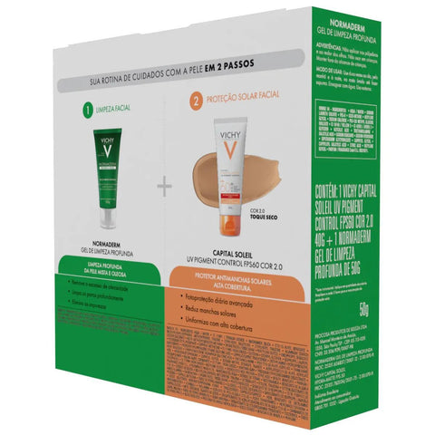 Kit Vichy Protetor Solar UV Pigment Control + Gel de Limpeza Facial Profunda Normaderm  Cor 2.0 - FPS 60 - 40 g + 50 g