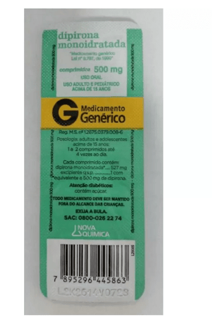 Dipirona Monoidratada (Nova Química)  500mg - 10 Unidades - Comprimido