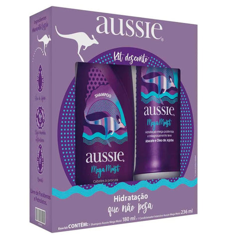 Kit Aussie Mega Moist Shampoo180mL+ Creme de Tratamento 3 Minute Miracle 236ml