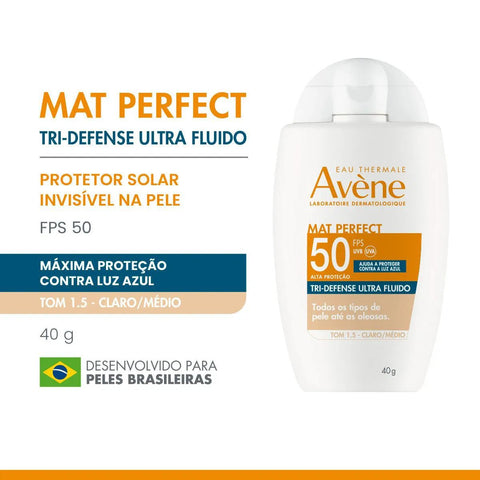 Protetor Solar Facial Avène Mat Perfect Tri-Defense Ultra Fluido  Tom 1.5 Claro/Médio - FPS 50 - 40 g
