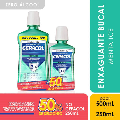 Kit Enxaguante Antisséptico Bucal Cepacol Menta Ice Sem Álcool 500mL+ 250ml