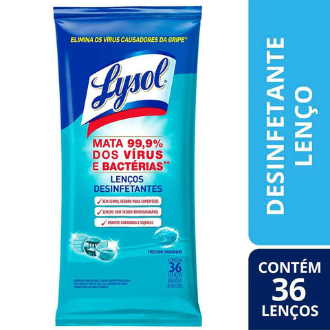 Lenço Desinfetante Lysol Frescor Marinho Com 36 Unidades