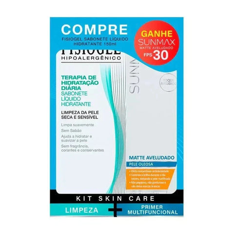 Kit Fisiogel Skin Care Sabonete Hidratante Líquido + Protetor Solar Sunmax Matte Aveludado  FPS 30 - 150 mL + 50 mL