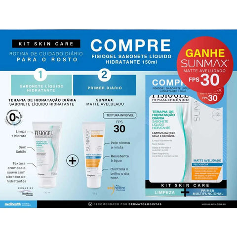 Kit Fisiogel Skin Care Sabonete Hidratante Líquido + Protetor Solar Sunmax Matte Aveludado  FPS 30 - 150 mL + 50 mL