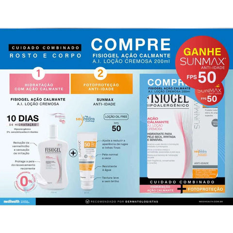 Kit Loção Cremosa Fisiogel Ação Calmante A.I. + Protetor Solar Sunmax Anti-Idade  FPS 50 - 200 mL + 60 mL