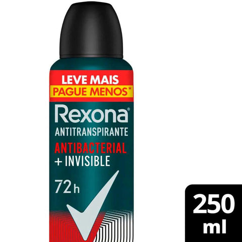 Desodorante Masculino Rexona Antibacterial Invisible, Aerossol, 1 Unidade Com 250Ml, Leve Mais Por Menos
